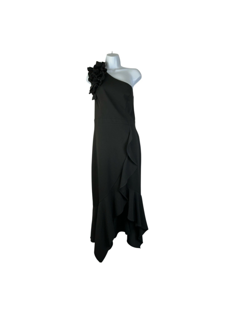Xscape Black 1 Shoulder evening Gown Ruffle High Low Formal Dress Wedding Sz 10